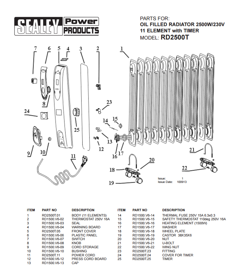 2500W Oil Filled Radiator with Timer, RD2500T
