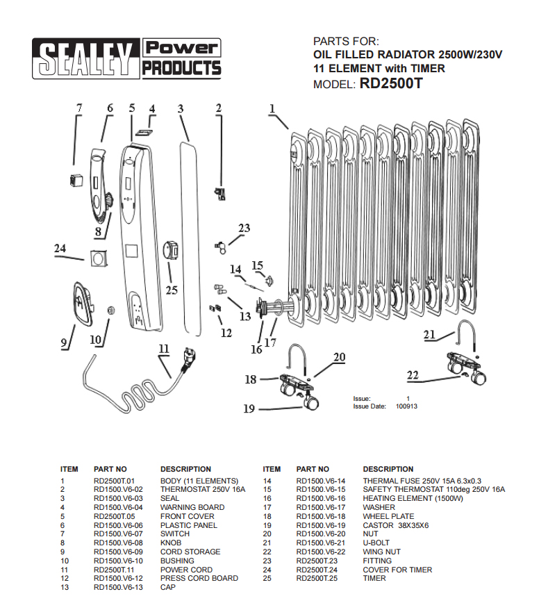 2500W Oil Filled Radiator with Timer, RD2500T